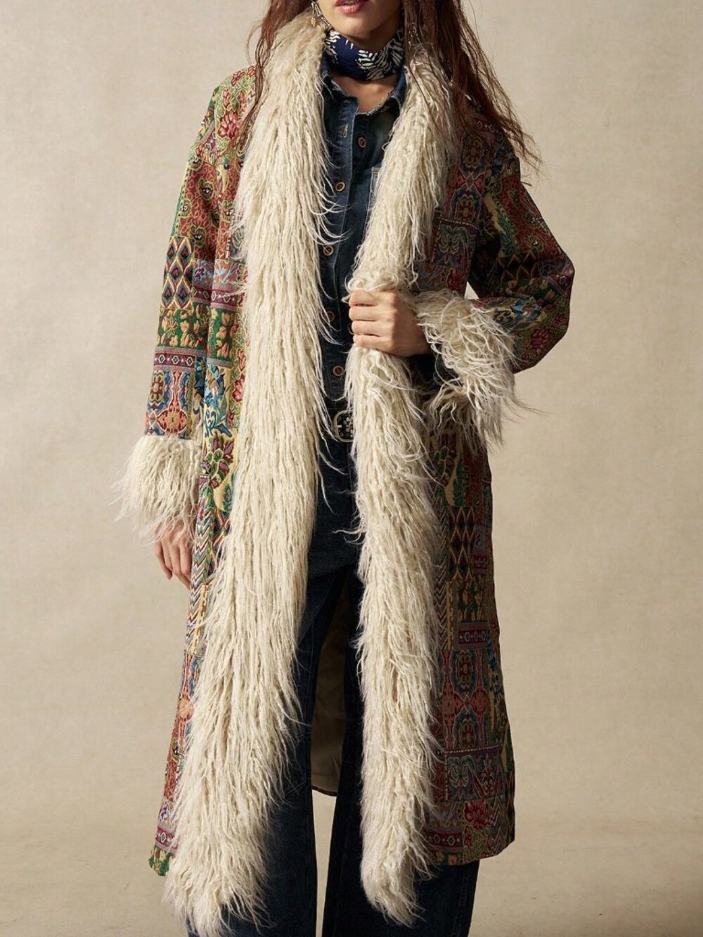 Multicolor Boho Women's Jacquard Faux Fur Trim Coat